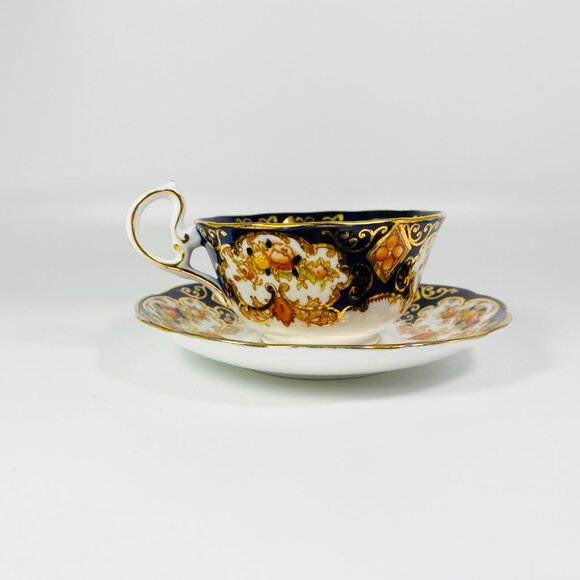 Cobalt Blue Floral Royal Crown Albert Alhambra Cup and Saucer Gold Trim England - Picture 3 of 6
